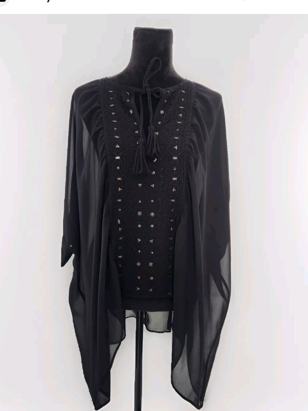 Free People Black Sheer Chiffon Tassel with Beaded front Tunic